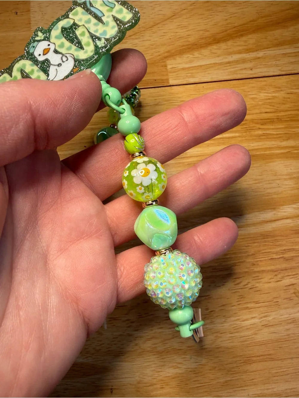 NICU Nurse Green Goose Floral Rhinestone Beaded Pen and Matching Badge Reel Set